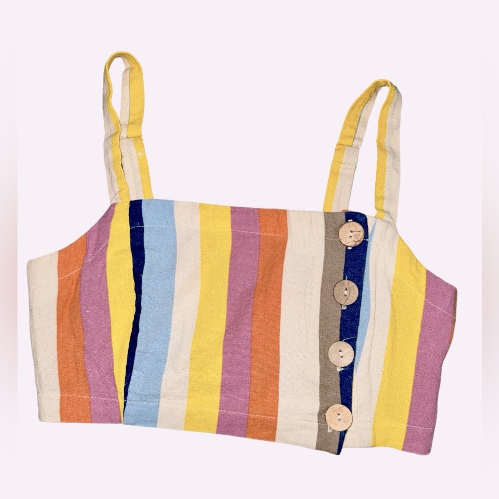 Small Forever 21 Cropped Top Colorful Striped Linen Smocked Back Adjustable Sexy